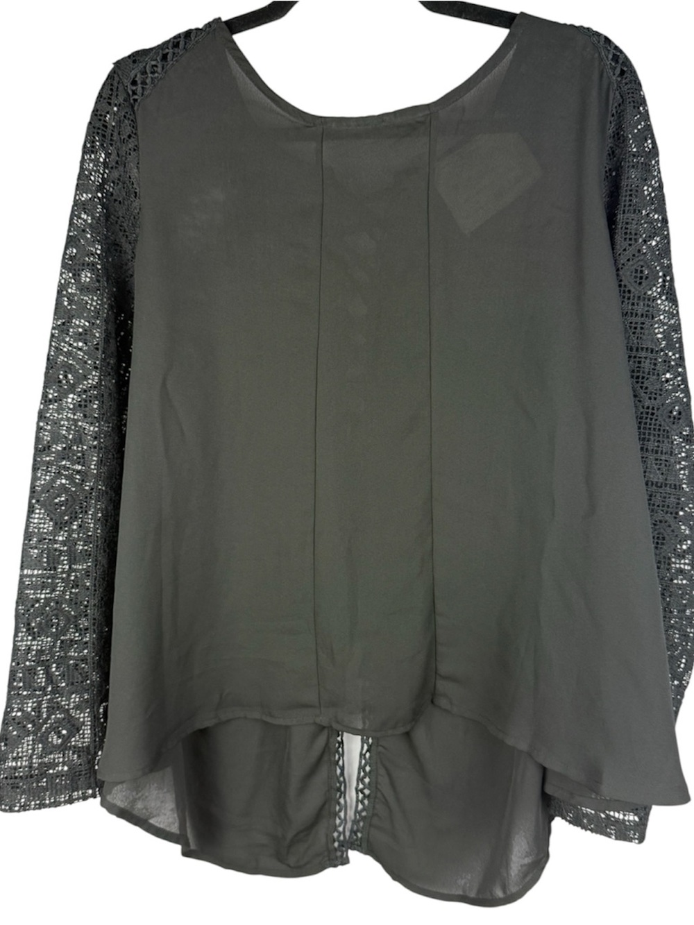 California MoonRise Lace Up Back Sheer Crochet Sleeve Top Medium Black